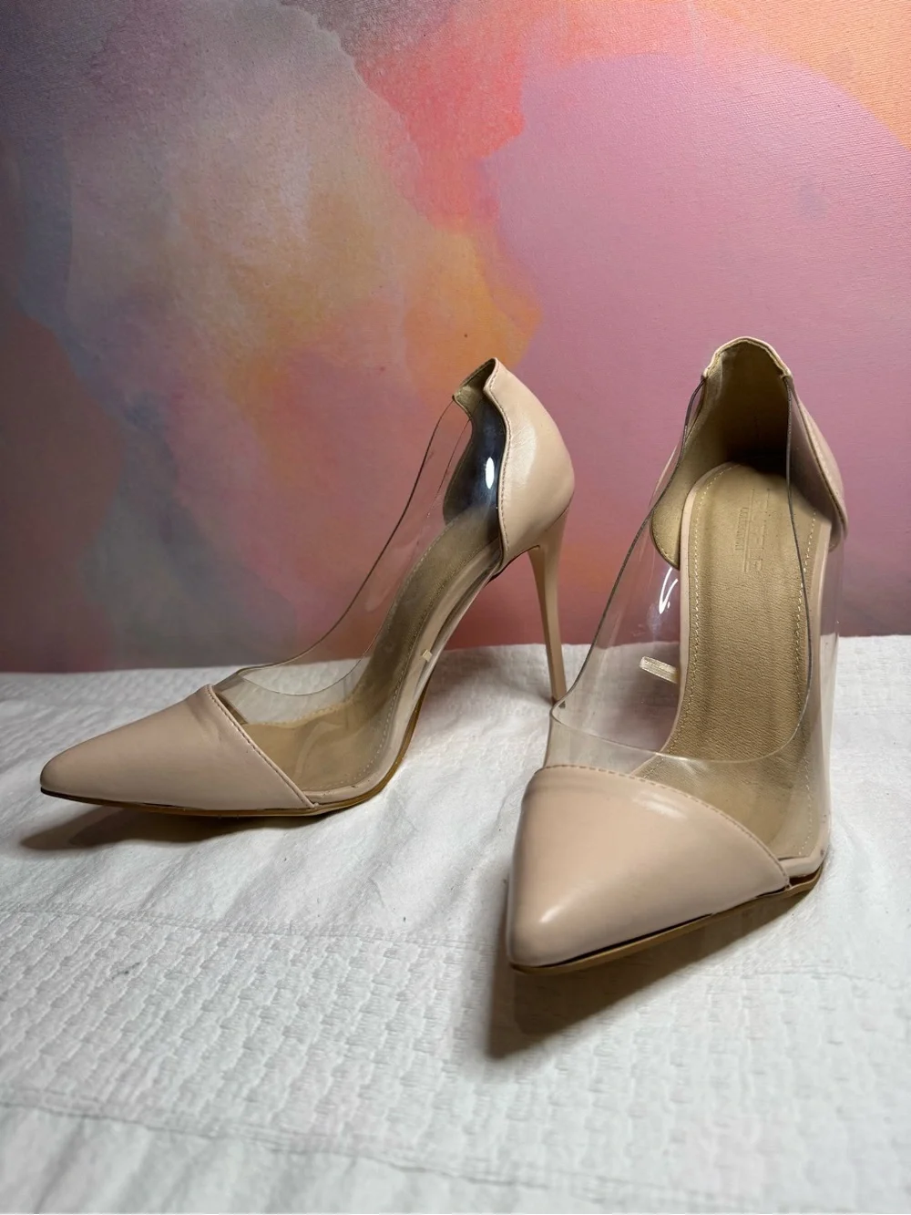 Truffle Collection Wide Fit pointed clear heeled shoes in beige